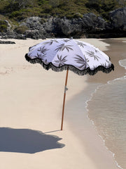 Good Vibes™ 1.75m Premium 100% Canvas Beach Umbrella, UV50+, Wood Pole, Cotton Tassels, Tilting Mechanism, Sand Screw - Havana