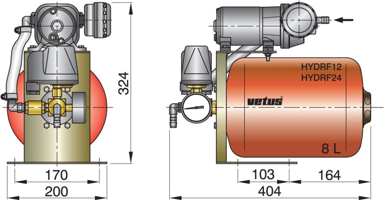 VETUS Pressurized water system 24 V, with 8 L tank, adjustable pressure switch & gauge HYDRF24