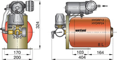 VETUS Pressurized water system 24 V, with 8 L tank, adjustable pressure switch & gauge HYDRF24