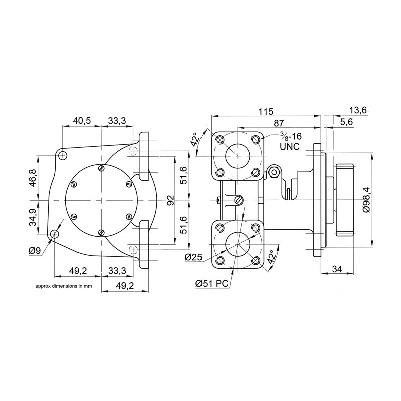 Jabsco 10970-21 Bronze Pump, bearing housing/flange-mounted, square flanged ports with 25mm inner diameter, 1/1 cam and Neoprene impeller