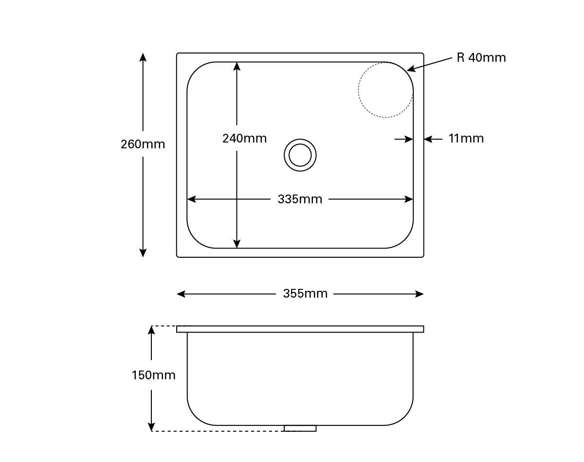 Sink S/S Rectangle O/A 335x260x150mm