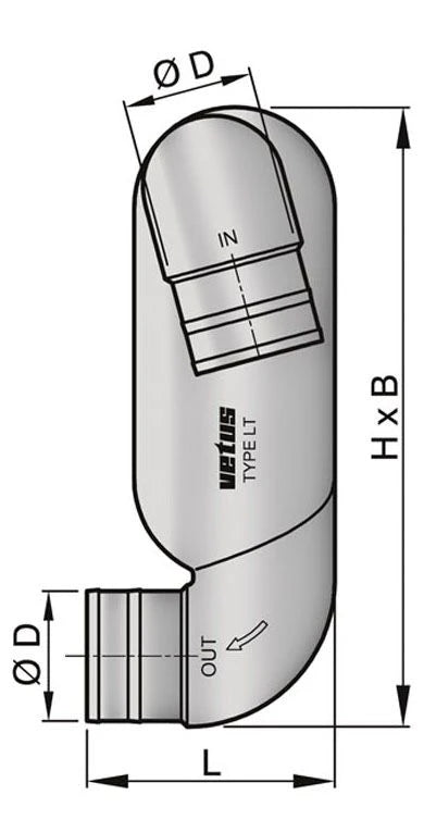VETUS Exhaust gooseneck type LT6575, with inlet Ø 65 mm and outlet Ø 75 mm  LT6575