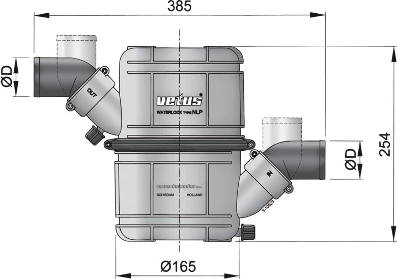 VETUS NAVIDURIN®LLOYDS approved, Black HD rotatable waterlock/muffler type NLP45, with rotating inlet and outlet for Ø 45 mm hose NLP45HD