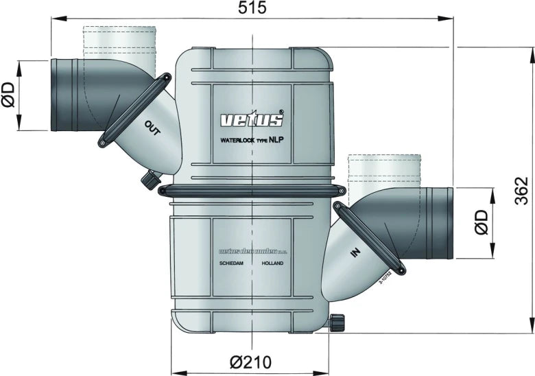 VETUS NAVIDURIN®LLOYDS approved, Black HD rotatable waterlock/muffler type NLP75, with rotating inlet and outlet for Ø 75 mm hose NLP75HD