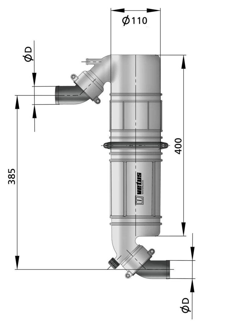 VETUS Rotatable muffler/gooseneck type NLPG, with rotating inlet and outlet for Ø 50 mm hose NLPG50