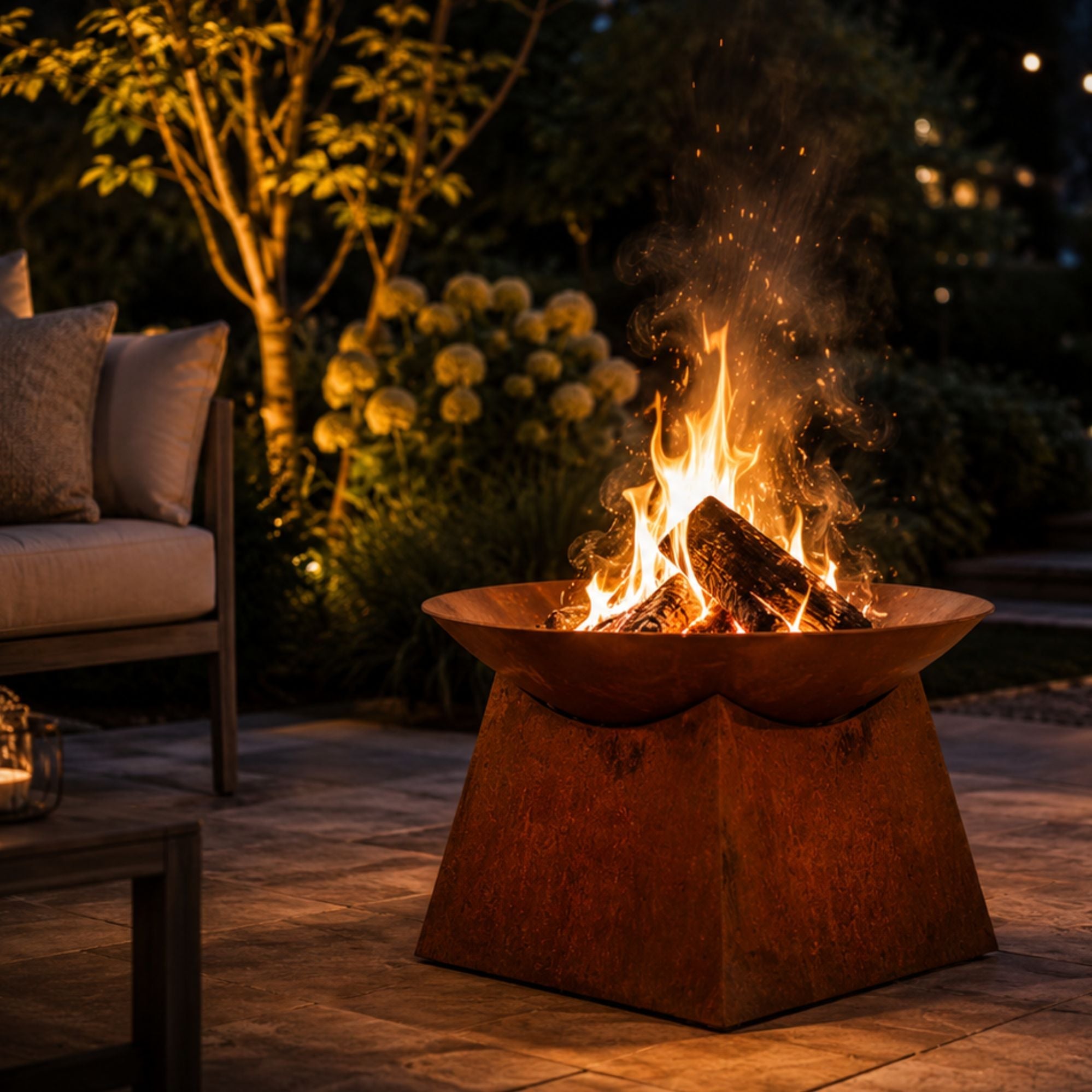 Ignite 56cm Rust Look Firepit/Planter with Square Base, Heavy-duty