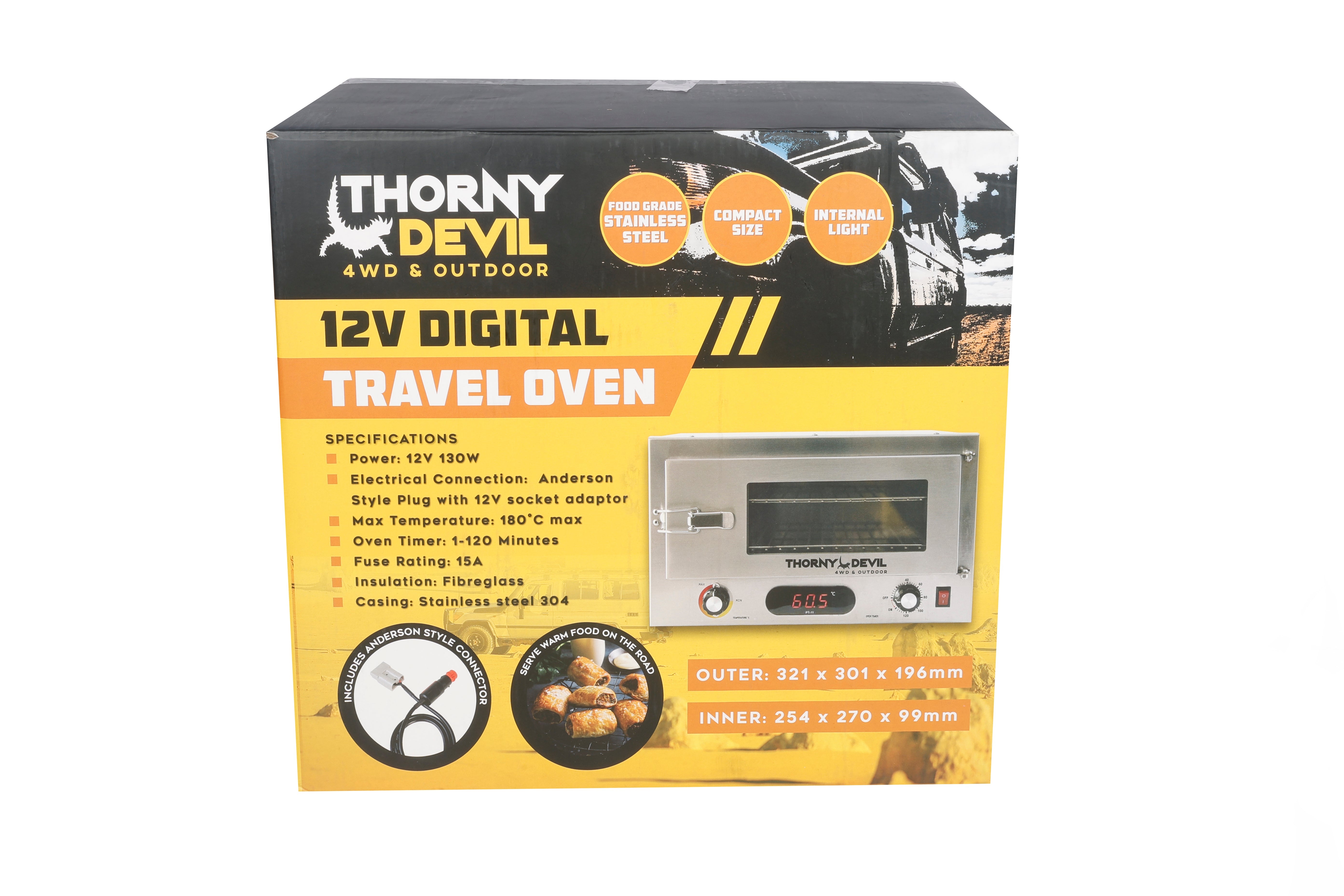 Thorny Devil™ 12V Digital Camping 4WD Travel Oven with Timer (Stainless Steel Casing & Fibreglass Insulation)