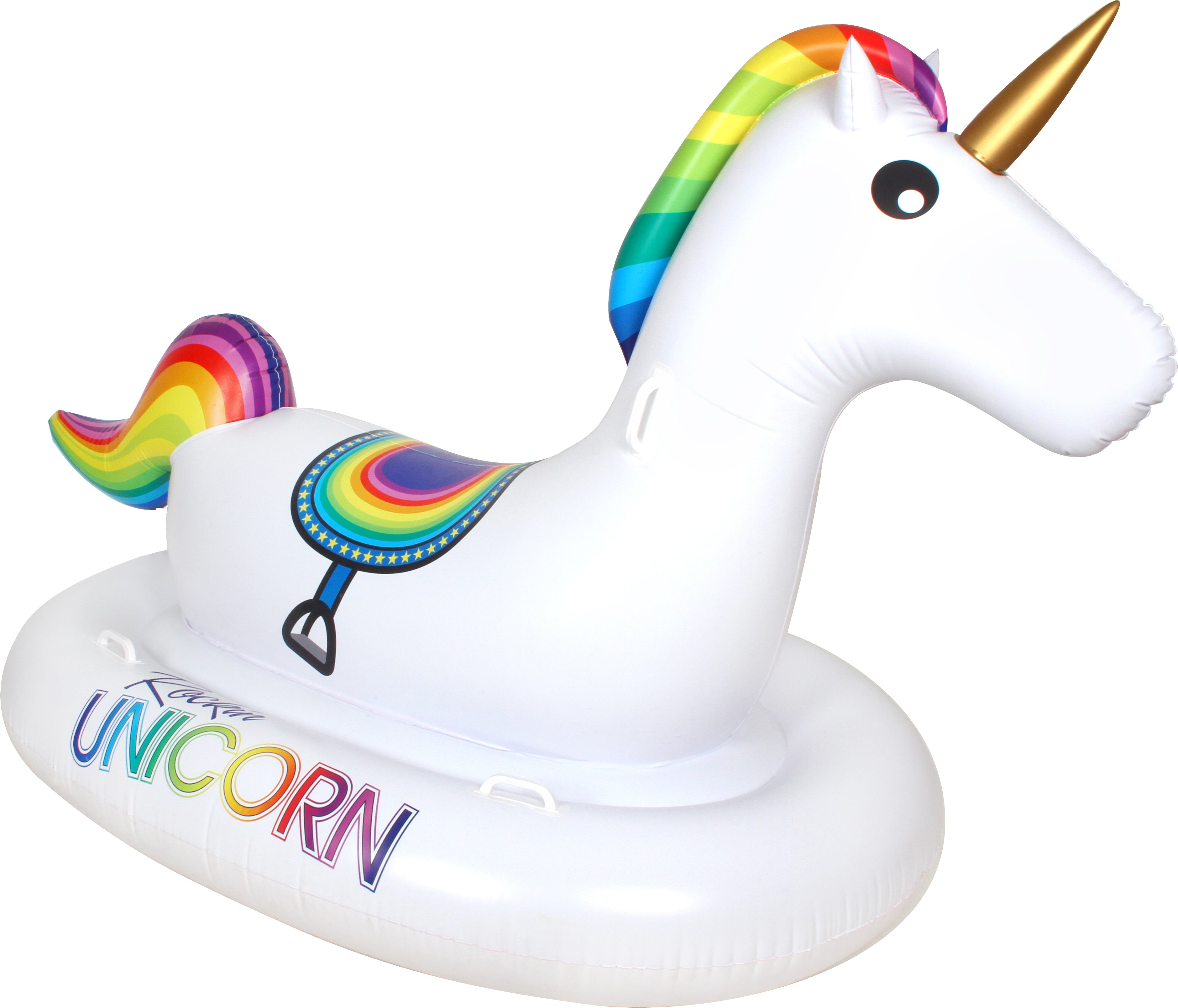 ROCKING UNICORN W/ 6 PLASTIC HANDLES 215X126X141CM INFLATED