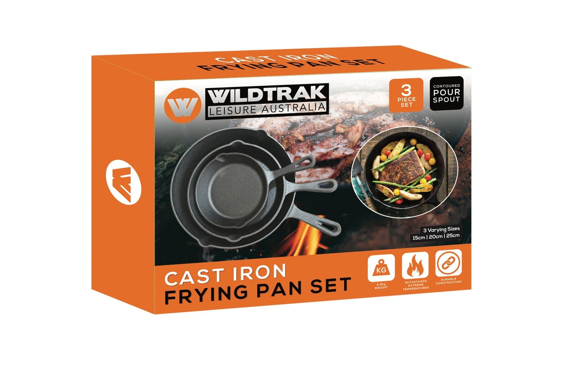 Wildtrak™ 3pc Pre-Seasoned Cast Iron Skillet Set with Pour Spout and Handles