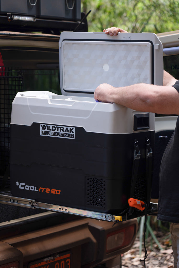 Wildtrak™ Coolite 50L Portable Fridge/Freezer, Simple Control Buttons, LED Lights, Fast Freezing, USB Charging, Quality Compressor, Low Noise, 4 Cup Blow Mould Top, 12/240V Power Leads,  Built-in Tie Down Points, Heavy Duty Transit Bag