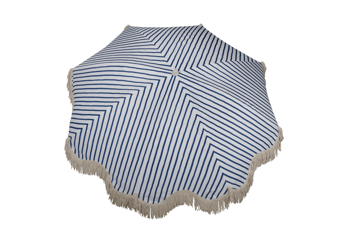 Mediterranean 1.75m Premium 100% Canvas Beach Umbrella, UV50+, Wood Pole, Cotton Tassels, Tilting Mechanism, Sand Screw