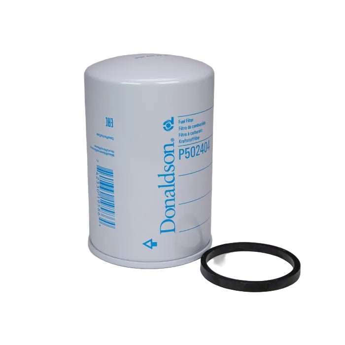 Donaldson fuel filter with a black rubber ring on a gray background